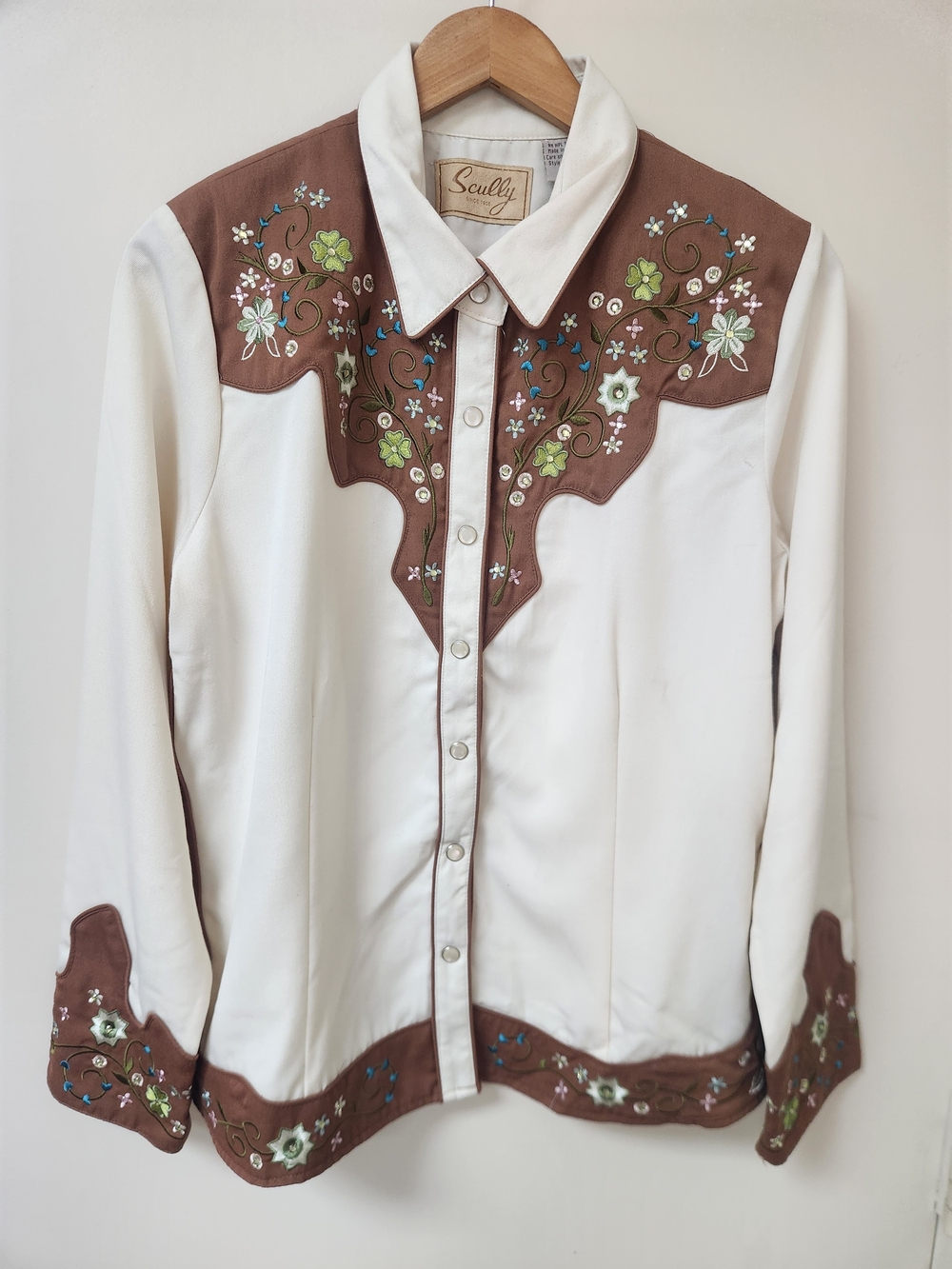 Vintage Scully Women's Cream & Brown Embroidered Western Blouse Large